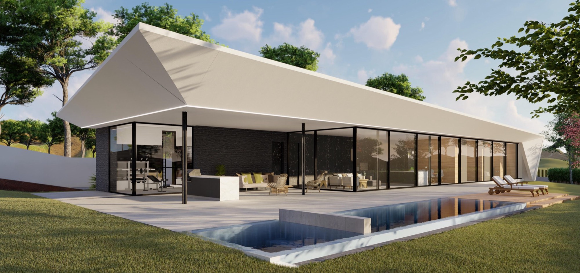 Vivienda integrada en su entorno natural, con vegetación y estrategias pasivas